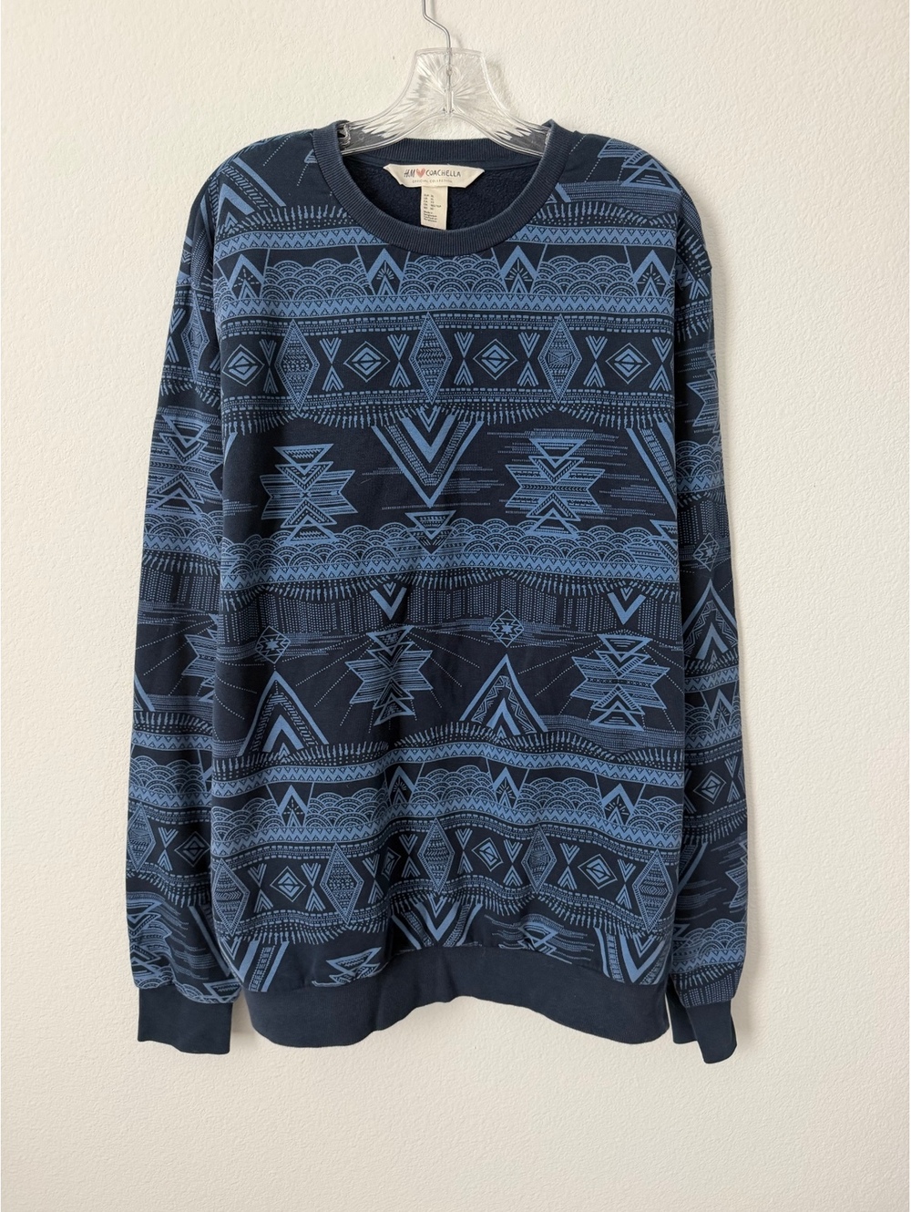 H&M xCoachella Long Sleeve Crewneck Blue Tribal Aztec Graphic Sweatshirt Size XL